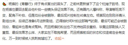 曝杨紫将配合青簪行补拍 林更新将替代那个谁