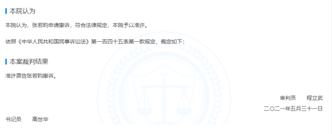 张若昀与父亲张健合同纠纷案裁定书公开 前者提出撤诉