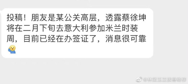 网传蔡徐坤将参加米兰时装周